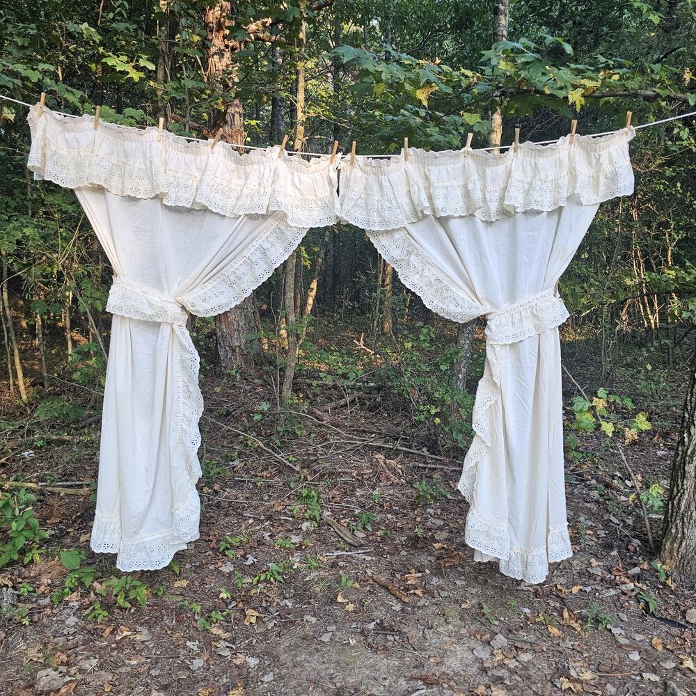 Vintage 1970s Sears Cream Ruffled Eyelet Lace Curtains Pair Cottagecore - Flaws